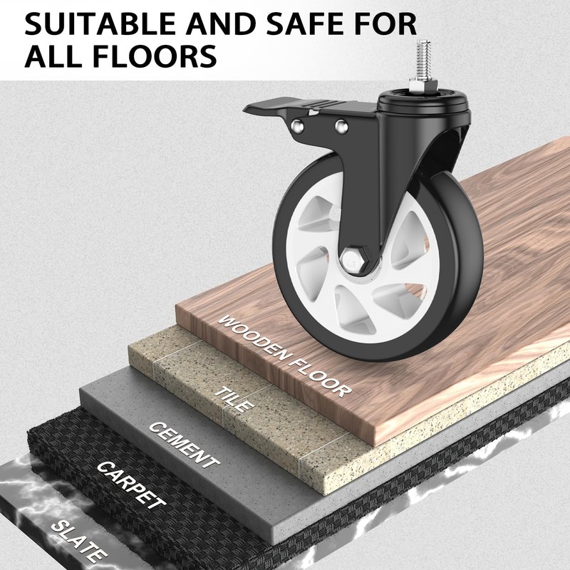 5 inch Heavy Duty Caster Wheels, Stem Casters Set of