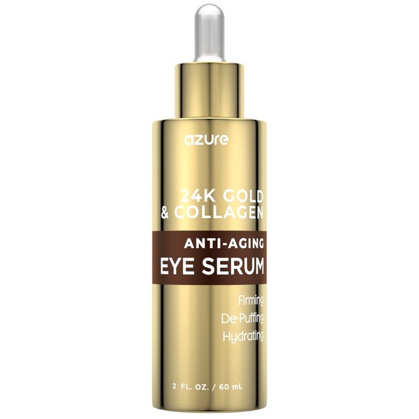 AZURE 24K Gold & Collagen Anti Aging Eye Serum - Firming, De-Puffing & Hydrating | Reduces Wrinkles, Fine Lines & Under Eye Bags | Minimize Signs of Aging | Made in Korea - 60mL