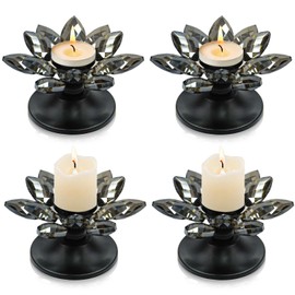 Crystal Lotus Flower Tea Light Holder, Glass Lotus Tealight Candlestick with Gold Metal Base, Votive Candle Stand for Table Centerpiece, Wedding/Parties Decor, Nice Gift (4, Black)