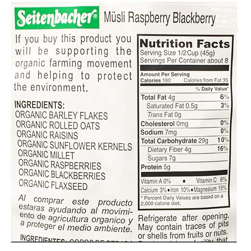 Seitenbacher Muesli Organic Oat, Barley, Raspberry and Blackberry Muesli, Wheat