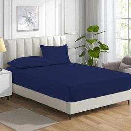 MistyMorning Fitted Sheet, Soft & Premium quality Bedding & Linen, 11''/28cm deep sheet, Egyptian Cotton with 200 Thread Count. (Navy, Small Double/4ft)