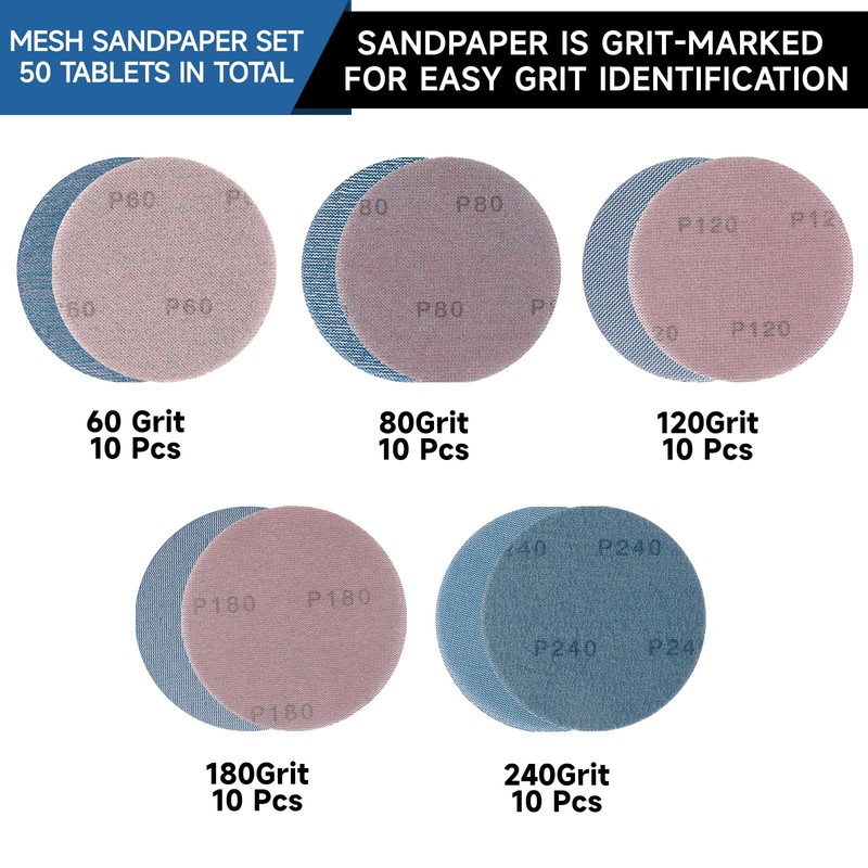 PMIQSA 50 Pcs 125mm Sanding Discs, Hook and Loop Mesh