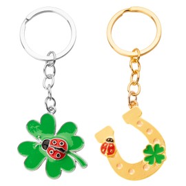 BOFUNX Pack of 2 Four Leaf Clover Lucky Charm Key Fob Clover Ladybird Lucky Charm Gift Car Key Ring Good Luck New Year's Eve New Year Gift, 2 x four-leaf clover + horseshoe