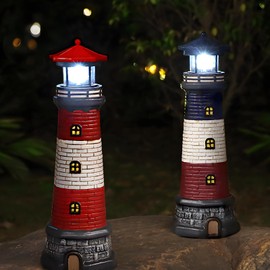 Solar Lighthouse Garden Outdoor Statues, Waterproof Lawn Lights Decor; Automatic Rotating Solar Lights for Yard, Patio, Ground, Tabletop Decoration; Unique Housewarming Gifts - 2PACK