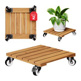 Idzo 2-Pack 12 Inch Acacia Wood Rolling Square Plant Caddy for Plant Pots, Heavy Duty Plant Stand with 360° Lockable Wheels, 264 lbs Capacity Caddy for Indoor and Outdoor Use, Natural Wood