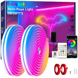 Cozylady 40Ft (20Ft *2 Rolls) RGB LED Neon Rope Lights for Bedroom, 12m LED Strip Lamp with Double Sided Adhesive Tape, App/Remote Control DIY Lights Decorate The Outdoor and Indoor of Your Home