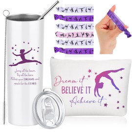 Junkin Set of 3 Gift for Christmas for Gymnastics Women Include Stainless Steel Tumbler with Straw Gymnastics Makeup Bag Gymnastics Elastics Hair Ties for Coaches Female Gymnasts Gymnastic(Purple)