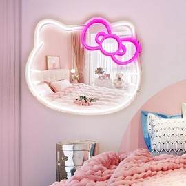 Anime Hello Kit Mirror with light Neon signs for Wall Decor, Neon Mirror with Dimmable for teen girl gift,makeup Mirror neon sign room decor (16.1 * 14 inch) - Color: 12.2"L x 14.6"W