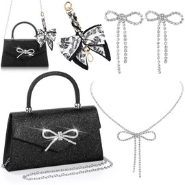 Abbylike 4 Pcs Women Rhinestone Evening Clutch Bag Silver Bling Earring Necklace Boknot Extender Chain for Party Jewelry Set (Black)