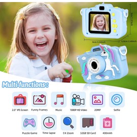 Unicorn Camera for Kids - Toddler Digital Selfie Camera with Silicone Cover, Flash and 32GB SD Card - Children Toy HD Video Kids Camera for Girls and Boys 3-12 Years Old - Blue