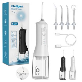 KIROGILY Irrigador Bucal, Water Flosser con Depósito De Agua de 300 ml, Irrigador Dental Inalámbrico Portatil Impermeable IPX7, Oral irrigador Agua Presion con 4 Modos y 4 Puntas de Chorro, para Hogar y Viajes (Blanco)