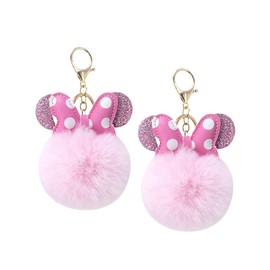 Sunwel Fashion Cute Pom Pom Ball Keychain- Mouse Ears & Polka-dot Bow Fluffy 2 Pack Fur Ball Keyring Charm for Handbag Backpack (pink/pink)