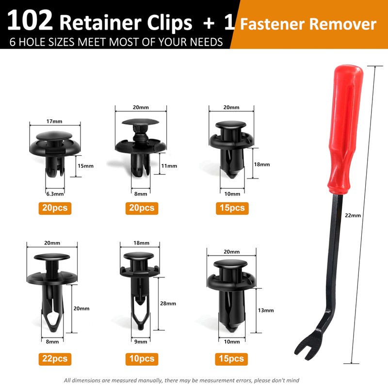 102PCS Retainer Clips Push Type Fasteners 6.3mm 8mm 9mm 10mm