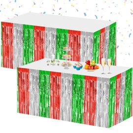 Morcheiong 2 Pack 29.5x108 Inch Foil Fringe Tinsel Table Skirts Disposable Table Skirt Banner for Rectangle Tables Tinsel Backdrop Curtain Party Supplies Christmas Decorations (Red Green Silver)