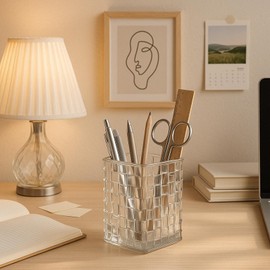 Qomamount Acrylic Pen Holder,Clear Makeup Brush Holder with Woven Texture,Transparent Stylish Pencil Holder for Desk,Pen Cup Organizer Caddy for Office,Home,or Cosmetic(Clear White)