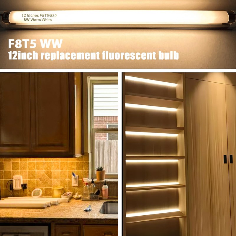 Konideke 8 Pack F8T5/WW Fluorescent Bulbs Warm White 3000K, 12