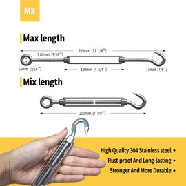 RiaYer 5 Pack Stainless Steel M8 Hook and Eye Turnbuckle, Heavy Duty Wire Rope Tensioner, Adjustable Hardware Kit for DIY String Light and Picture Hanging, Shade Sail, Cable Tightening