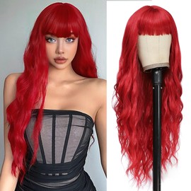 Red Wig with Bangs Red Curly Wig for Women Curly Wavy Wig Heat Resistant Synthetic Wig Colored Wigs for Daily Cosplay Party Use 26 Inch