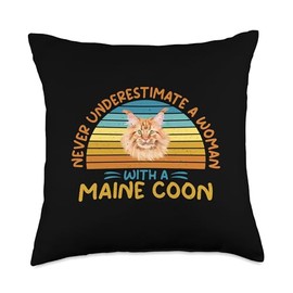 Maine Coon Cat Gifts & Toys Never Underestimate a Woman with a Maine Coon Throw Pillow, 18x18, Multicolor