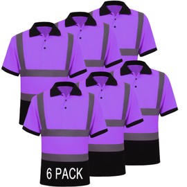 YZC·Motivation High Visibility Polo Safety T Shirt with Reflective Strips Construction Work Shirts Black Bottom Fast Dry Purple 6Pack L