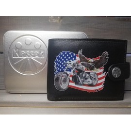 Biker Motorcycle Chopper American USA Flag Flying Bald Eagle Motorbike Mens Wallet Gift Box KLASSEK Brand Real Black Leather RFID Blocking with Coin Pocket
