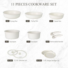 Vorisebo 11 PCS Pots and Pans Set Non Stick Dishwasher Safe, Non-Toxic Cookwares Set, Induction Pots and Pans for Oven Safe, Kitchen Pan Set with Removable Handle, Cream White