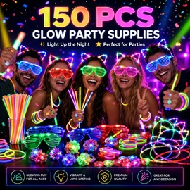 150-Piece Glow Party Favor Set for Night Events – Light Up Glasses, Headbands, Rings & Glow Sticks
