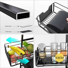 4-Tier Metal Storage Rolling Cart Slide Out Storage Organizer Tower,Narrow Slim Storage Cart Organizer Cart Mobile Shelving Unit W/Handle Black Utility Cart with Wheels for Kitchen Bathroom Laundry