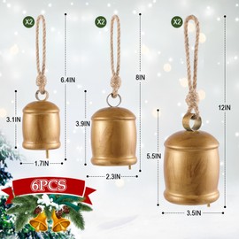 Rowfad 6 Pcs Giant Cow Bells Vintage Christmas Decorative Bells, Winter Big Rustic Hanging Bell Ornaments for Mantel Table Centerpiece Garlands, Set of 6 (6)