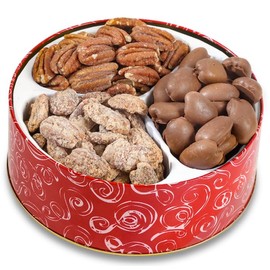 Mascot Pecan Candy Kitchen Since 1955 - Snowman Gift Tin Basket Full of Fresh Roasted Pecans, Milk Chocolate Pecans, and Crunchy Cinnamon Pecans!