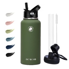 OcTecho Water Bottle 950ml,Stainless Steel Water Bottle,Insulated Water Bottles with Straw, Double Vacuum Metal Water Bottles for 12h Hot & 24h Cold Drinks, 2 Leakproof Lids, BPA Free-Olive Green