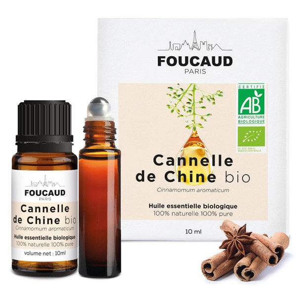 FOUCAUD - Essential Oil of Chinese Cinnamon - Cinnamomum Aromaticum - Organic - 100% Natural 100% Pure - Includes Roll On - Anti-Fective - Antifongique - 10 ml - French Brand Since 1946