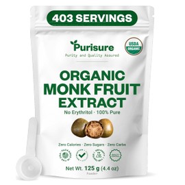 Organic Monk Fruit Sweetener, 125g (4.41oz), No Fillers Pure USDA Organic Monk Fruit Extract Powder with No Aftertaste, Zero Calorie & Zero Carbs, Keto & Paleo Friendly 320-403 Servings