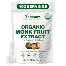 Organic Monk Fruit Sweetener, 125g (4.41oz), No Fillers Pure USDA Organic Monk Fruit Extract Powder with No Aftertaste, Zero Calorie & Zero Carbs, Keto & Paleo Friendly 320-403 Servings