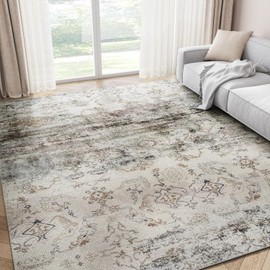 Washable Area Rug for Living Room Bedroom - 8x10 Vintage Boho Rug, Modern Abstract Indoor Carpet, Distressed Non-Slip Non-Shedding Soft Floor Rug for Dining Room Playroom Office