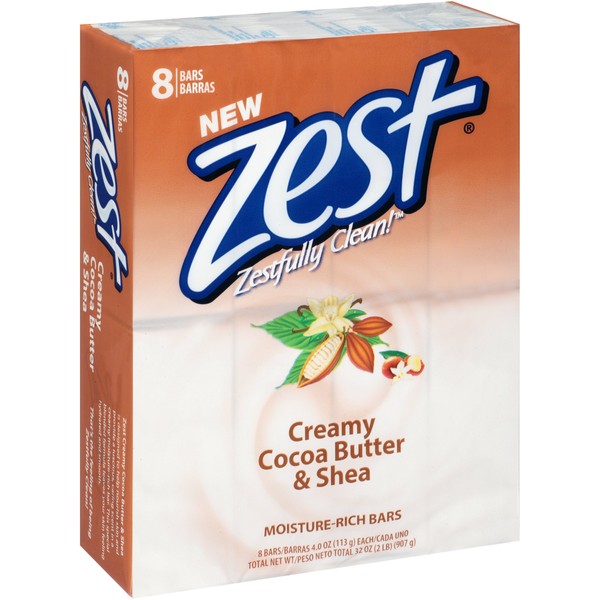 Zest 8-Bar Bath Size Soap, Creamy Cocoa Butter & Shea,