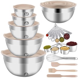 WEPSEN Mixing Bowls Set, 25PCS Khaki Mixing Bowls With Lids Set Stainless Steel Kitchen Large Nesting Metal Bowl 7QT to 1.5QT, Measuring Cups and Spoons for Prepping Cooking Serving