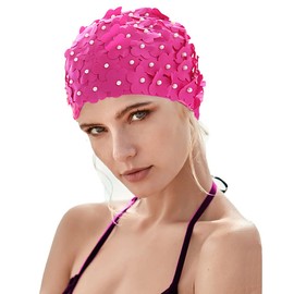 Women Retro Swim Cap, Floral Petal Bathing Cap Long Short Hair Elastic Swimming Turban with Flowers & Pearls(Pink)