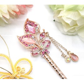 Miaomyao Kanzashi Kanzashi Hair Hair Ornament, One Piece Kimono, Tsumatsu, Hair Ornament, Metal, Pair, Couple, Tulip, Flower, Ribbon, Motif, Pink Gold, Hair Accessory (Pink)
