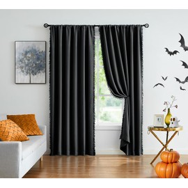 Pompom Blackout Curtains Bedroom Black 84 inch Length Windows Drapes Triple Weave Thermal Insulated Curtain Panels for Nursery Room Studio Hotel 52" w x2 Panels Rod Pocket