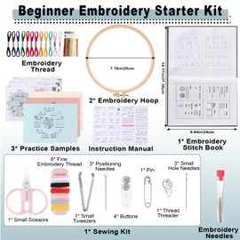 Beginner Embroidery Starter Kit, With Embroidery Stitch Book and 3-Pack PracticeSamplers, Contains Multiple Sewing Tools, Instructions and Videos, 106 Unique Stitches, Needlework Craft Gift for Women