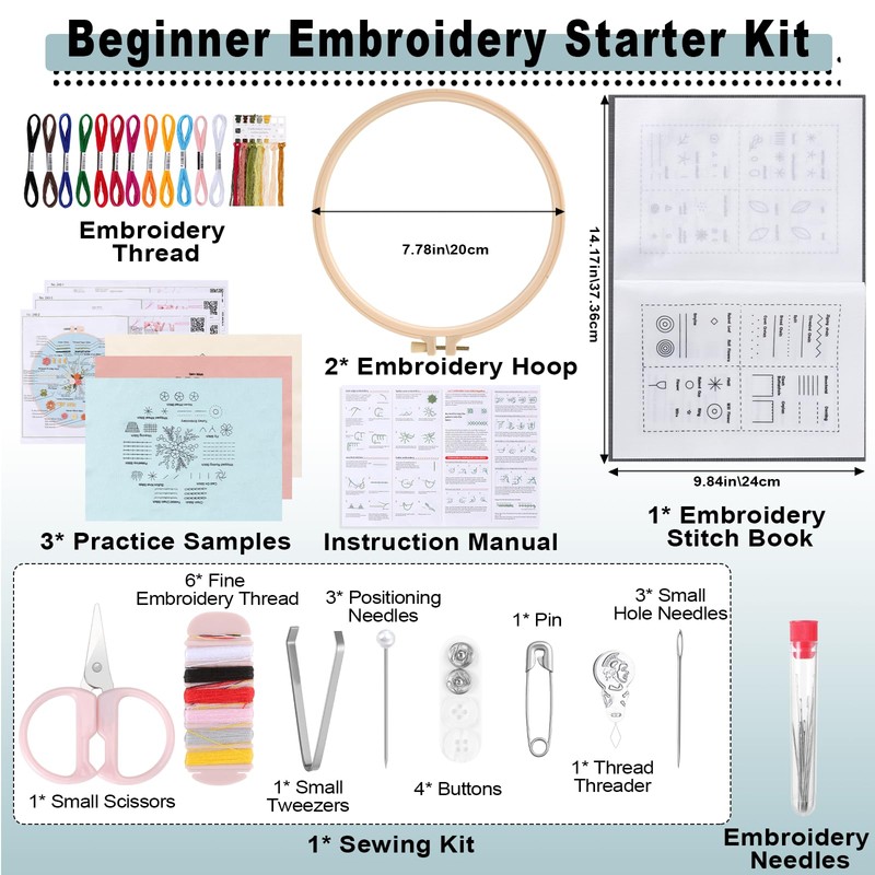 Beginner Embroidery Starter Kit, With Embroidery Stitch Book and 3-Pack