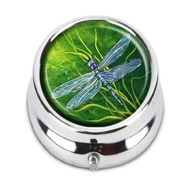FQJNS Dragonfly and Green Grass Custom Fashion Round Pill Box Tablet Holder Pocket Purse Organizer Case Decoration Box