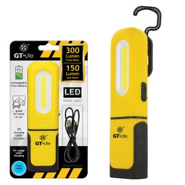 GT-Lite LED Rechargeable Work Light - 300 Lumen Flashlight, 6ft Cable, Hanging Hook, Magnetic Base, Kickstand, 3 Settings: High/Low/Flash, Emergency & Camping Light