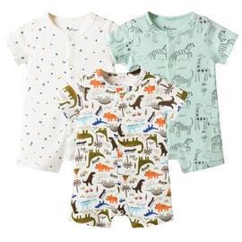 Minicoco Baby Boy 3-Pack 100% Cotton Short Sleeve Rompers-Breathable One-Piece Jumpsuits with Animal Themes for Spring/Summer