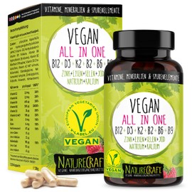 Vegan All-in-One - Vitamin B12+D3+K2+B2+B6+B9 Folic Acid + Zinc + Iron + Selenium + Sodium + Potassium + Iodine - Complex with 120 Capsules (4 Month Supply)