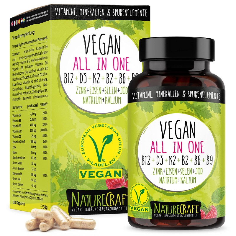 Vegan All-in-One - Vitamin B12+D3+K2+B2+B6+B9 Folic Acid + Zinc +