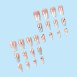 Medium Press on Nails Coffin Shaped Fake Nails Gradient Glue on Nails White Blue Acrylic Nails Glossy Glitter Stick on Nails French Tip False Nails Reusable Artificial Nails for Women Girls 24PCS