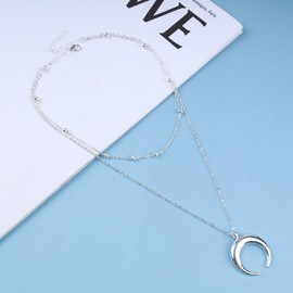 Wendalern Boho Layered Moon Choker Necklace Crescent Moon Pendant Necklace Double Horn Necklaces Silver Satellite Crescent Moon Necklace Jewellery for Women and Girls