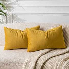 JUSPURBET Gold Lumbar Velvet Throw Pillow Covers 16x24 inch Set of 2 for Living Room Couch Sofa Bedroom Decorative Rectangle Solid Soft Cushion Cases with Invisible Zipper